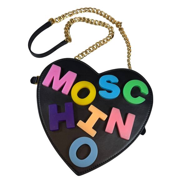 Moschino Heart Bag Leather Black Multicolored Crossbody Alphabet 90's Barbie - Picture 1 of 16